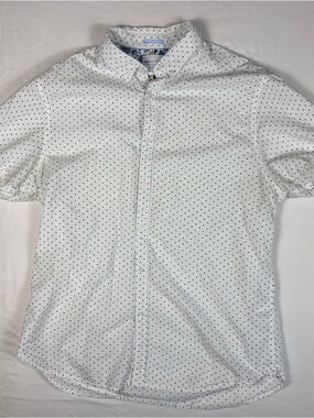 Denim & Flower Ricky Singh Men's L White Navy Polka Dot Cotton Button Up Shirt